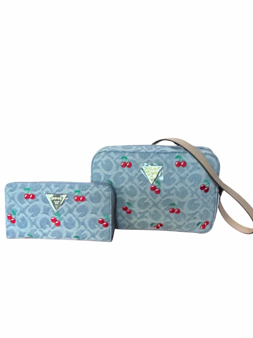 Guess Cherry Embroidered Denim Camera Logo Crossbody & Zip Around Wallet Set